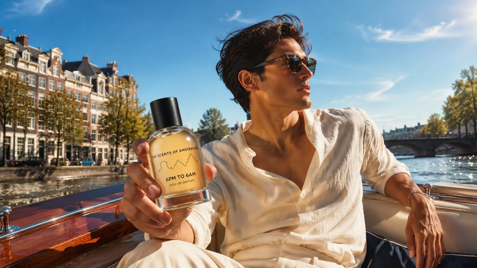 A man on an Amsterdam canal boat in bright summer light, holding the 6PM to 6AM flacon.