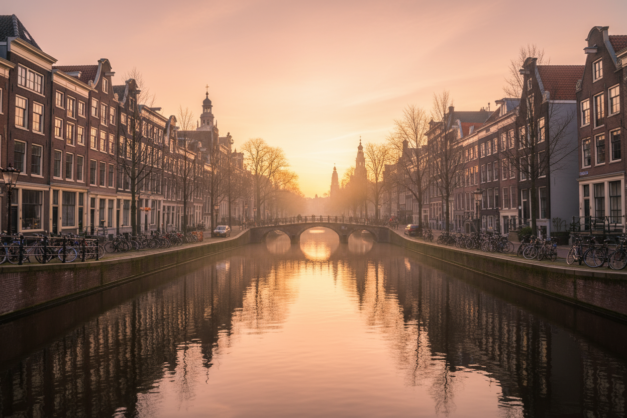 amsterdamse gracht in ochtendgloed