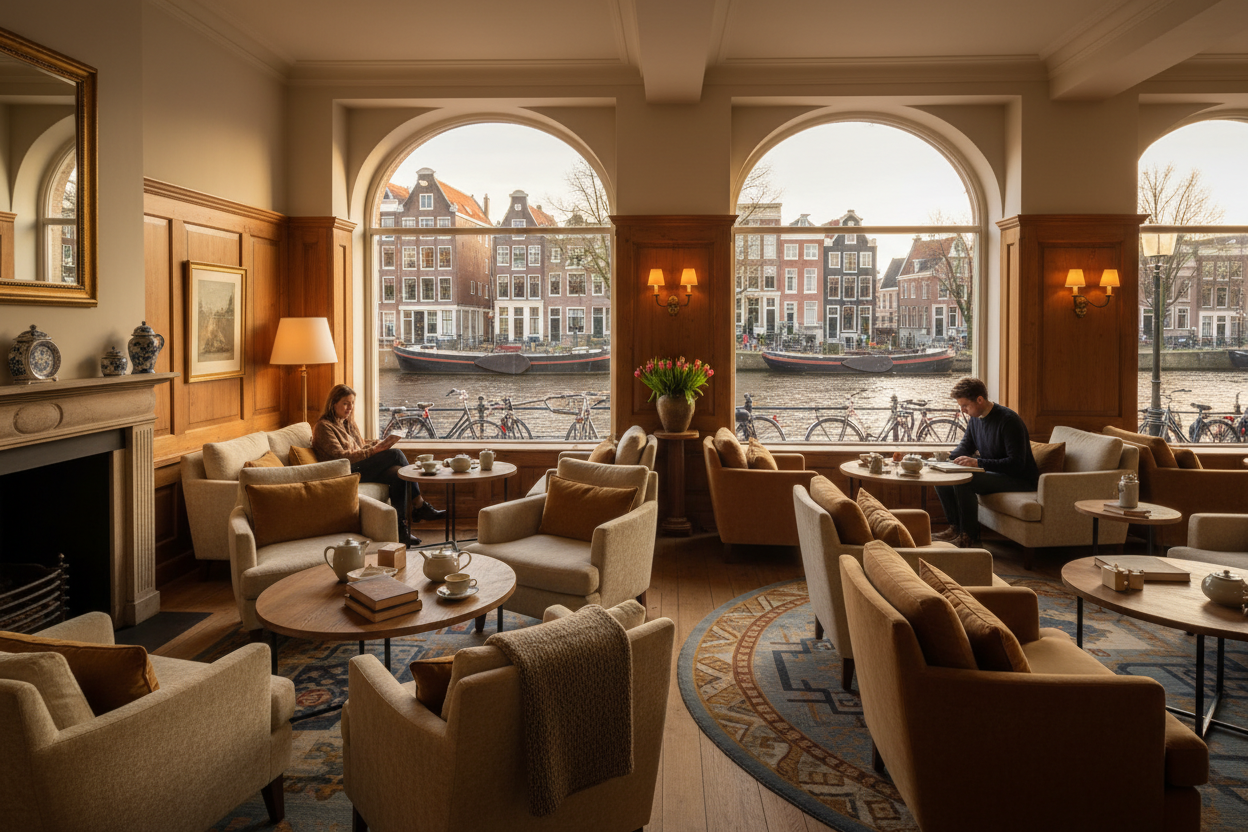 hotel lobby with people and sit spaces and winows with amsterdam canals cozy room